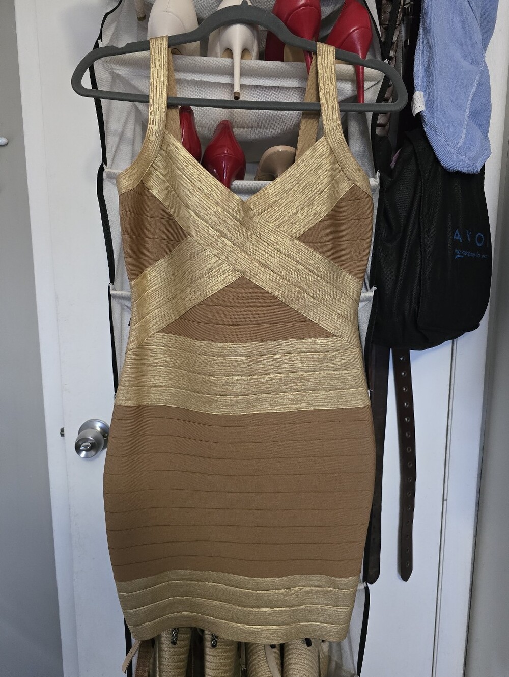 bebe Gold and Tan Crisscross Bodycon Mini Dress